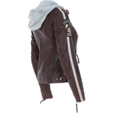Women's Detachable Hood Leather Biker Jacket Oxblood: Nirma