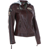 Women's Detachable Hood Leather Biker Jacket Oxblood: Nirma
