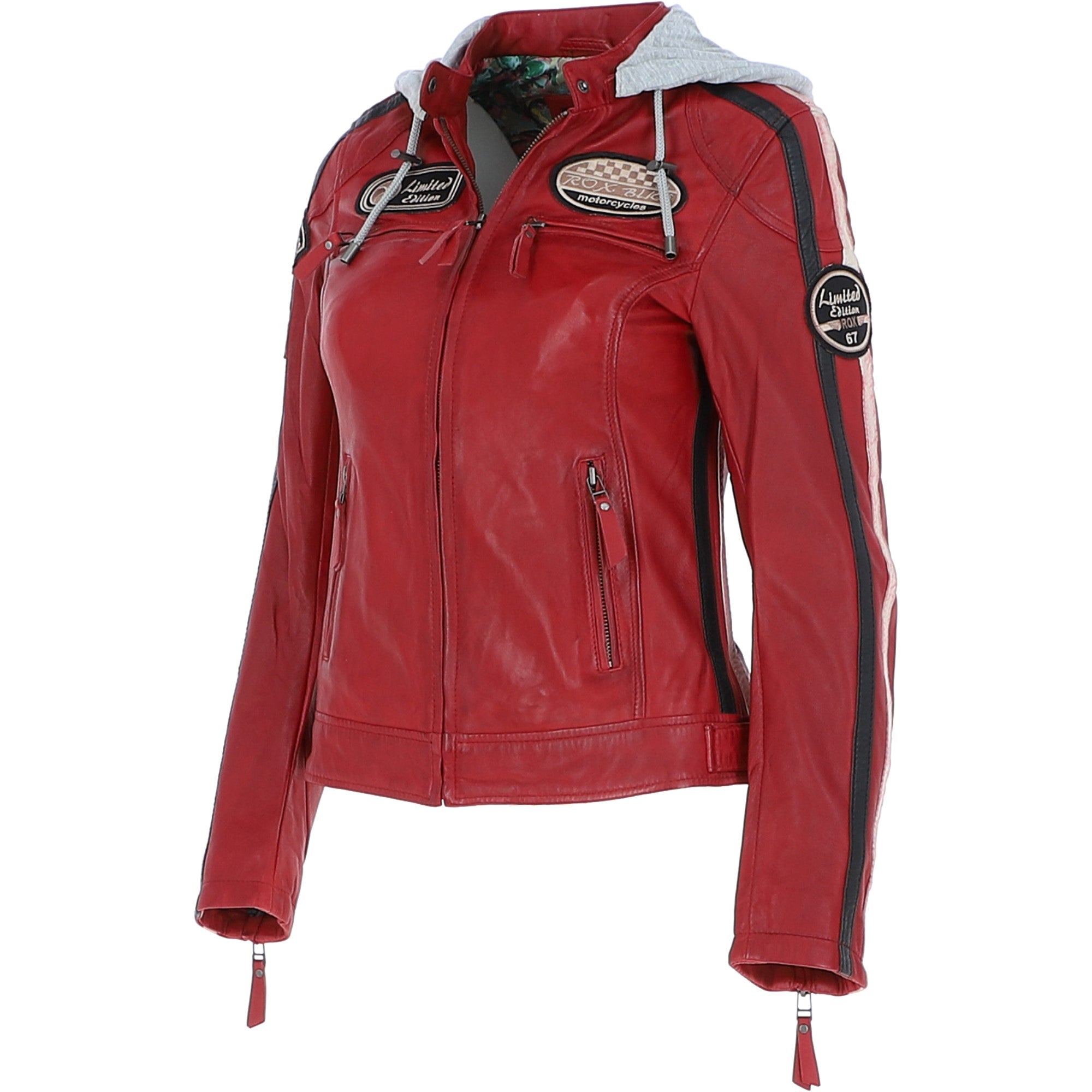 Women's Detachable Hood Leather Biker Jacket Red: Nirma