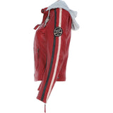 Women's Detachable Hood Leather Biker Jacket Red: Nirma
