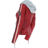 Women's Detachable Hood Leather Biker Jacket Red: Nirma