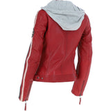 Women's Detachable Hood Leather Biker Jacket Red: Nirma