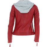 Women's Detachable Hood Leather Biker Jacket Red: Nirma