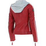 Women's Detachable Hood Leather Biker Jacket Red: Nirma