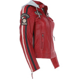Women's Detachable Hood Leather Biker Jacket Red: Nirma
