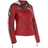 Women's Detachable Hood Leather Biker Jacket Red: Nirma