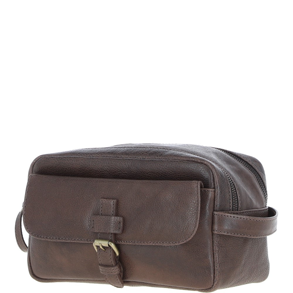Mens Leather Toiletry Wash Bag Brown: Row