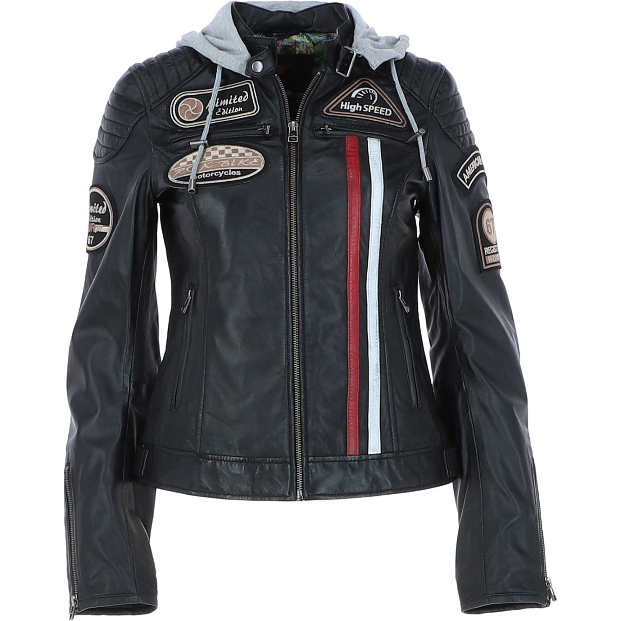 Women's Detachable Hood Leather Biker Jacket Black: Sofi
