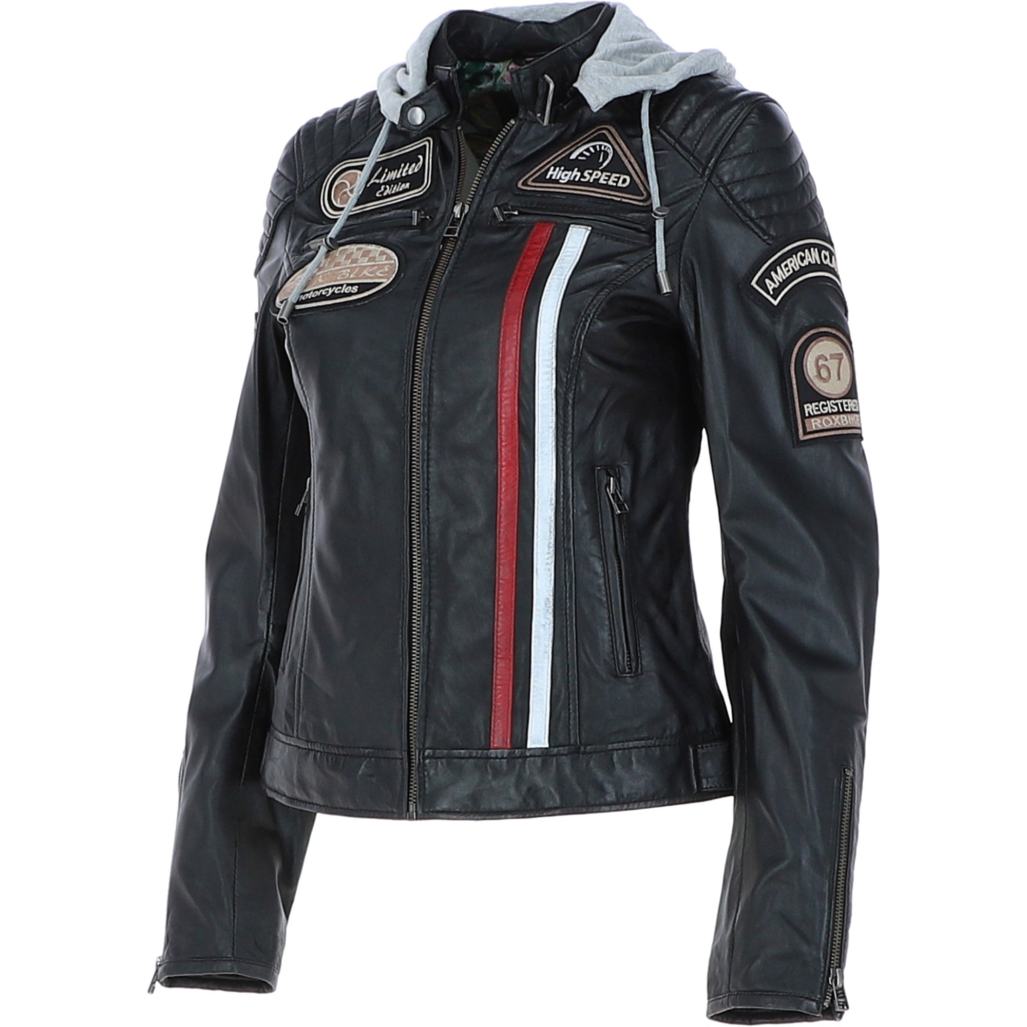 Women's Detachable Hood Leather Biker Jacket Black: Sofi