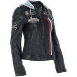 Women's Detachable Hood Leather Biker Jacket Black: Sofi