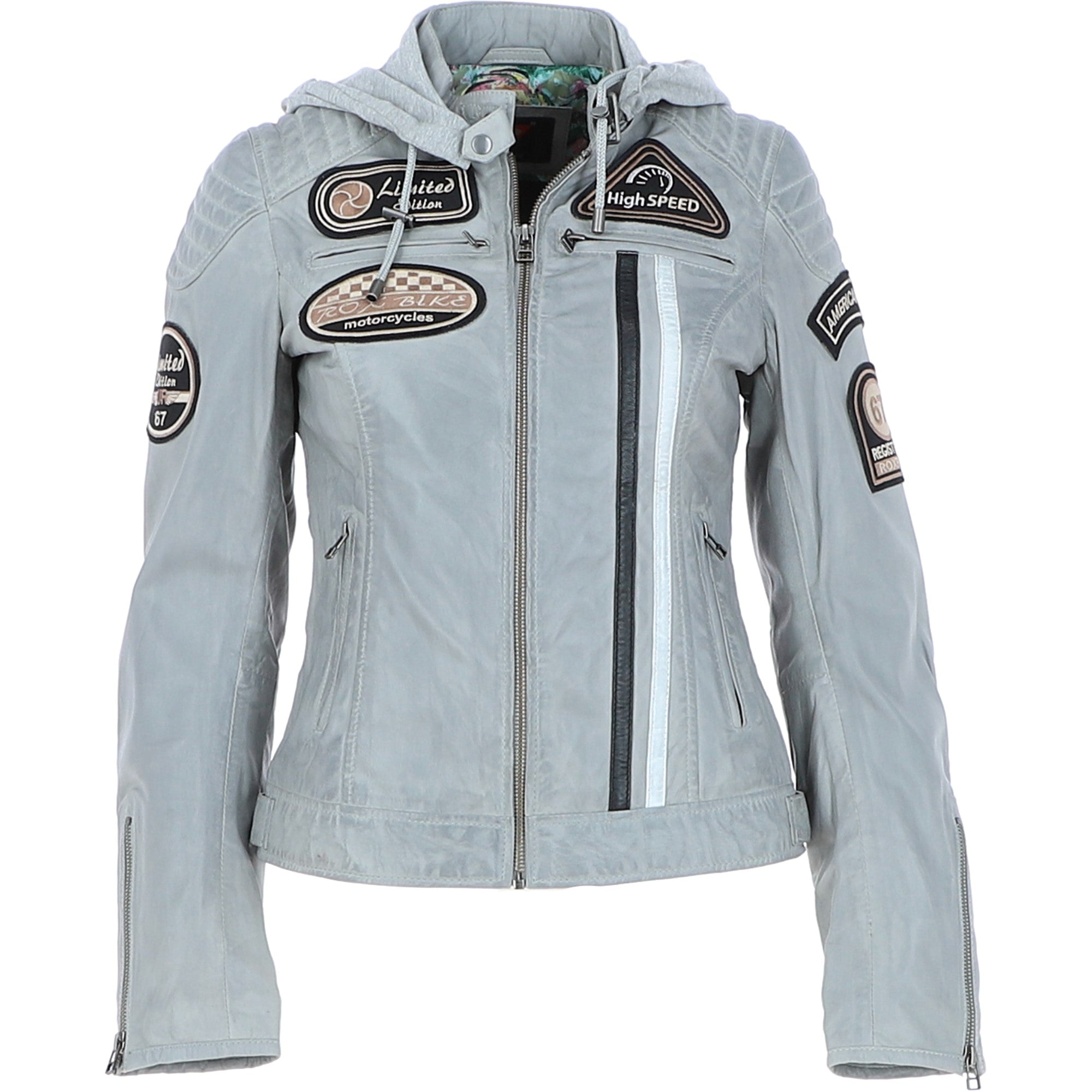 Women's Detachable Hood Leather Biker Jacket Grey: Sofi
