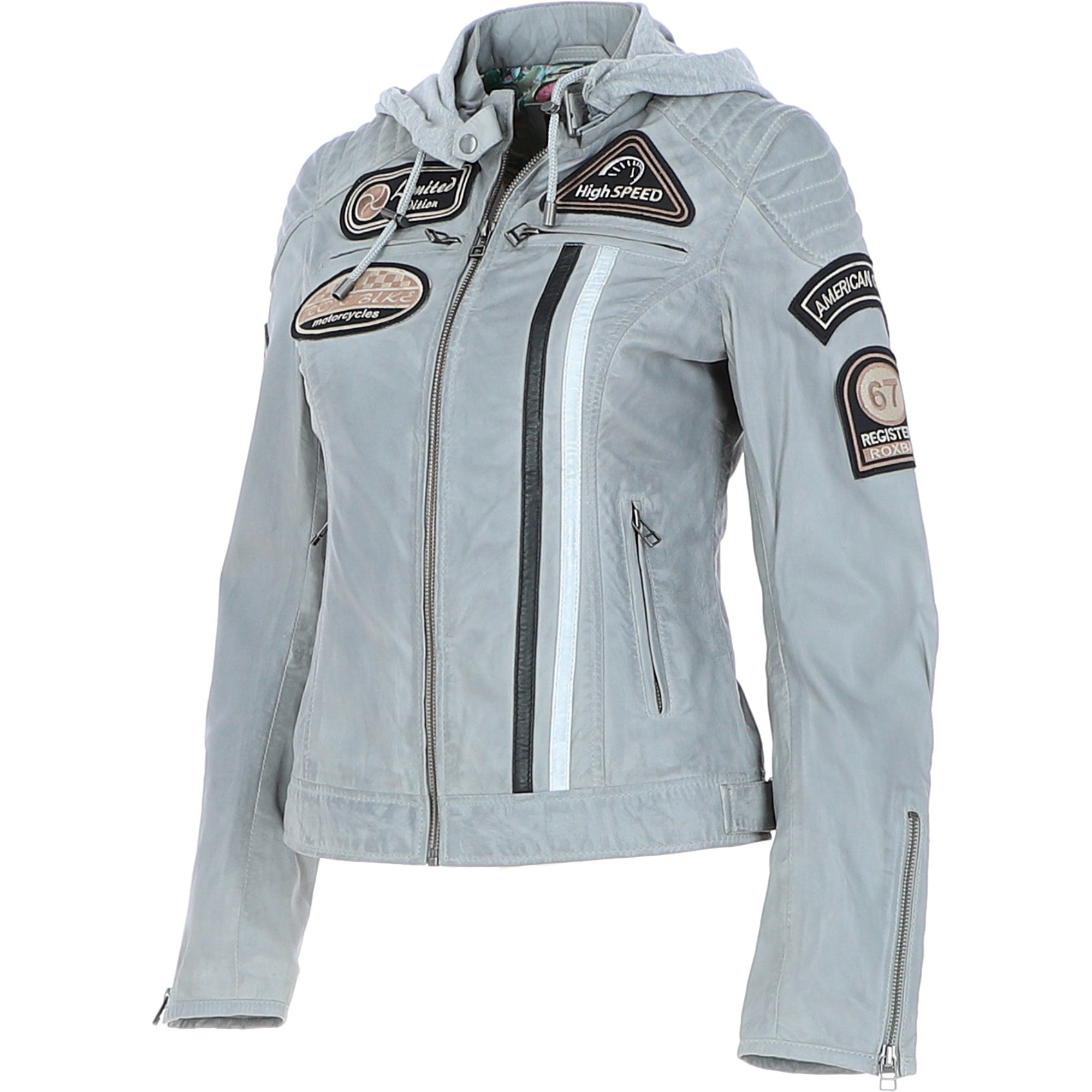 Women's Detachable Hood Leather Biker Jacket Grey: Sofi