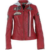 Women's Detachable Hood Leather Biker Jacket Red: Sofi