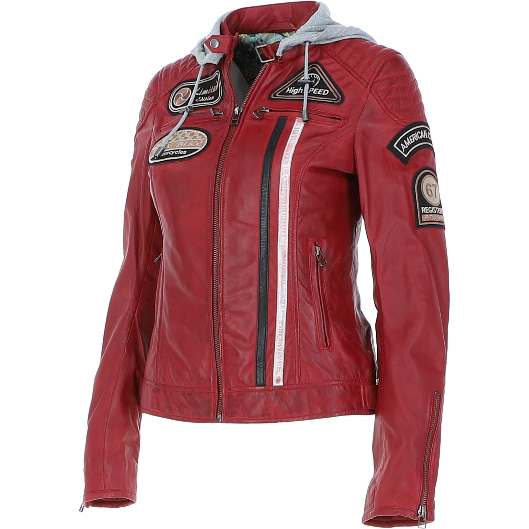Women's Detachable Hood Leather Biker Jacket Red: Sofi