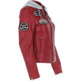 Women's Detachable Hood Leather Biker Jacket Red: Sofi