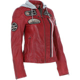 Women's Detachable Hood Leather Biker Jacket Red: Sofi