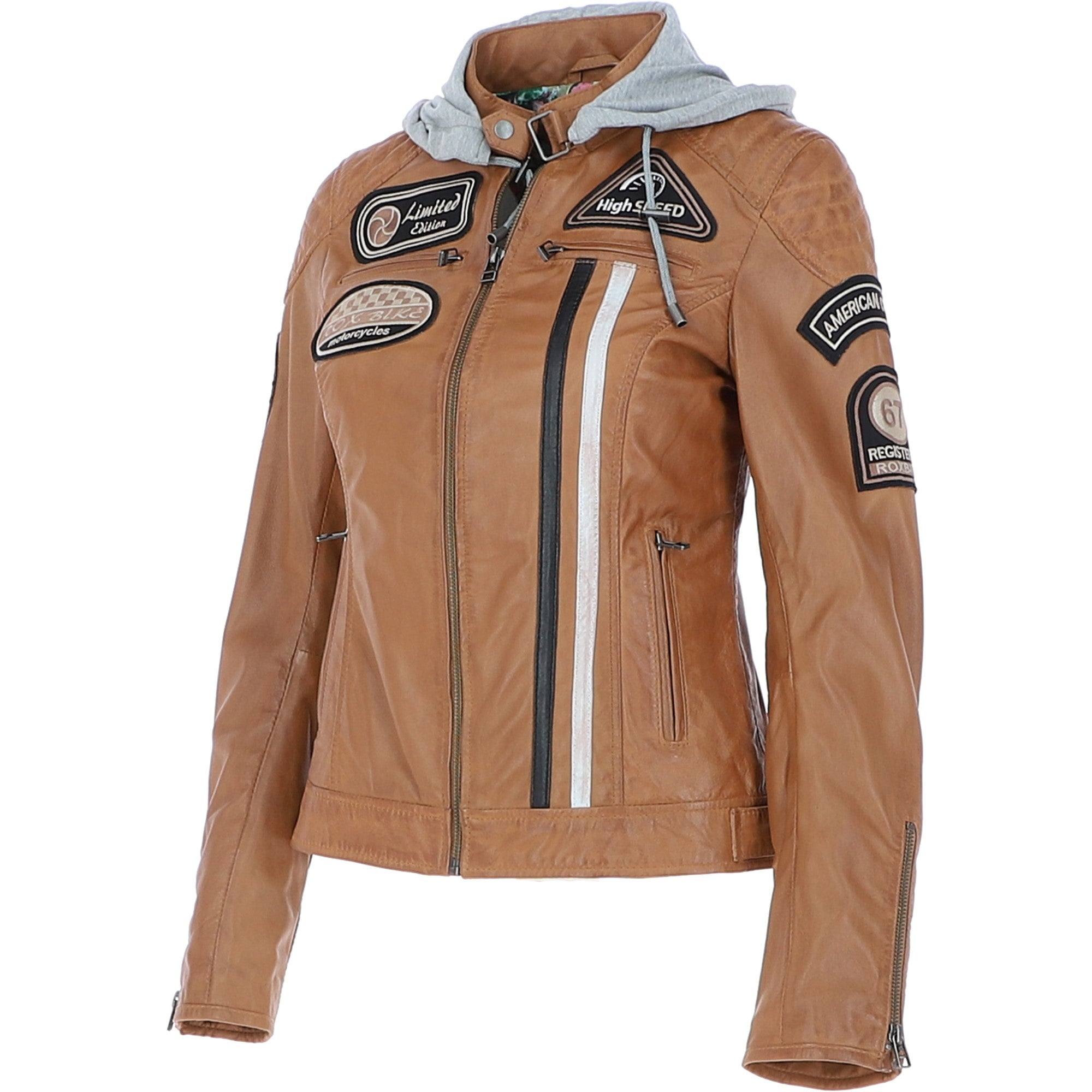 Women's Detachable Hood Leather Biker Jacket Cognac: Sofi