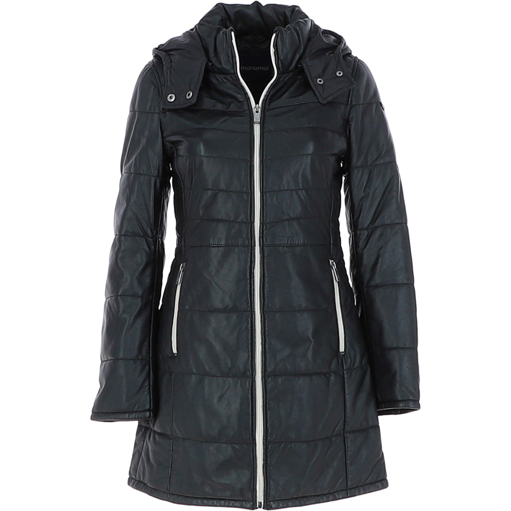 Women's Detachable Hood 3/4 Leather Jacket Black: Sofia