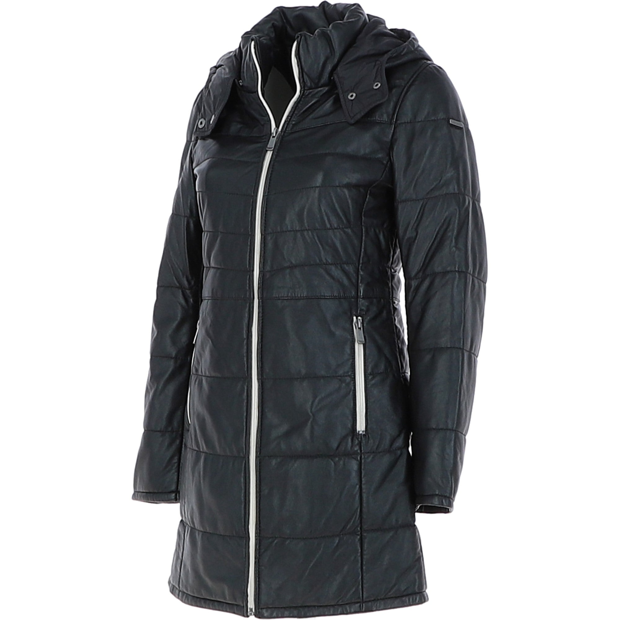 Women's Detachable Hood 3/4 Leather Jacket Black: Sofia