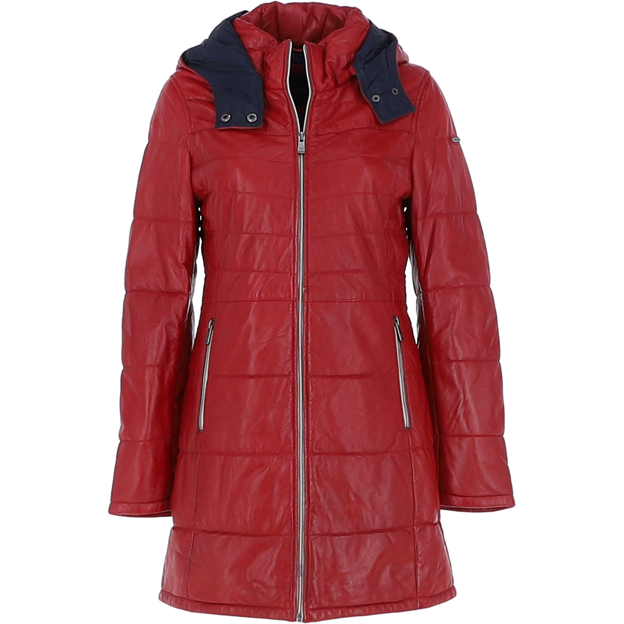 Women's Detachable Hood 3/4 Leather Jacket Red: Sofia