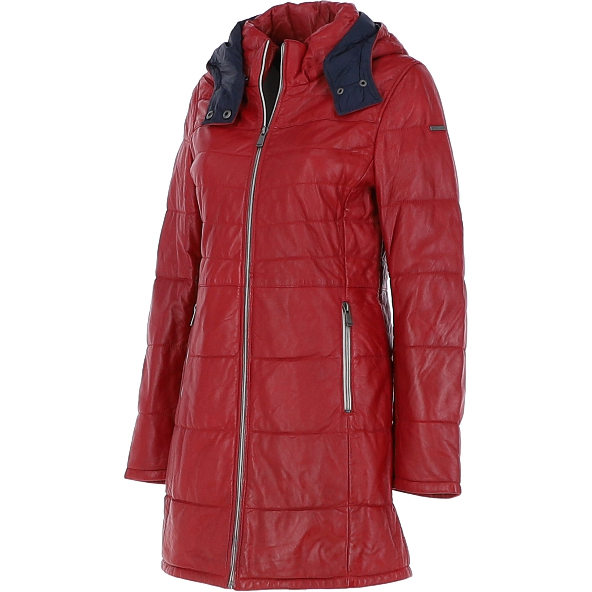 Women's Detachable Hood 3/4 Leather Jacket Red: Sofia