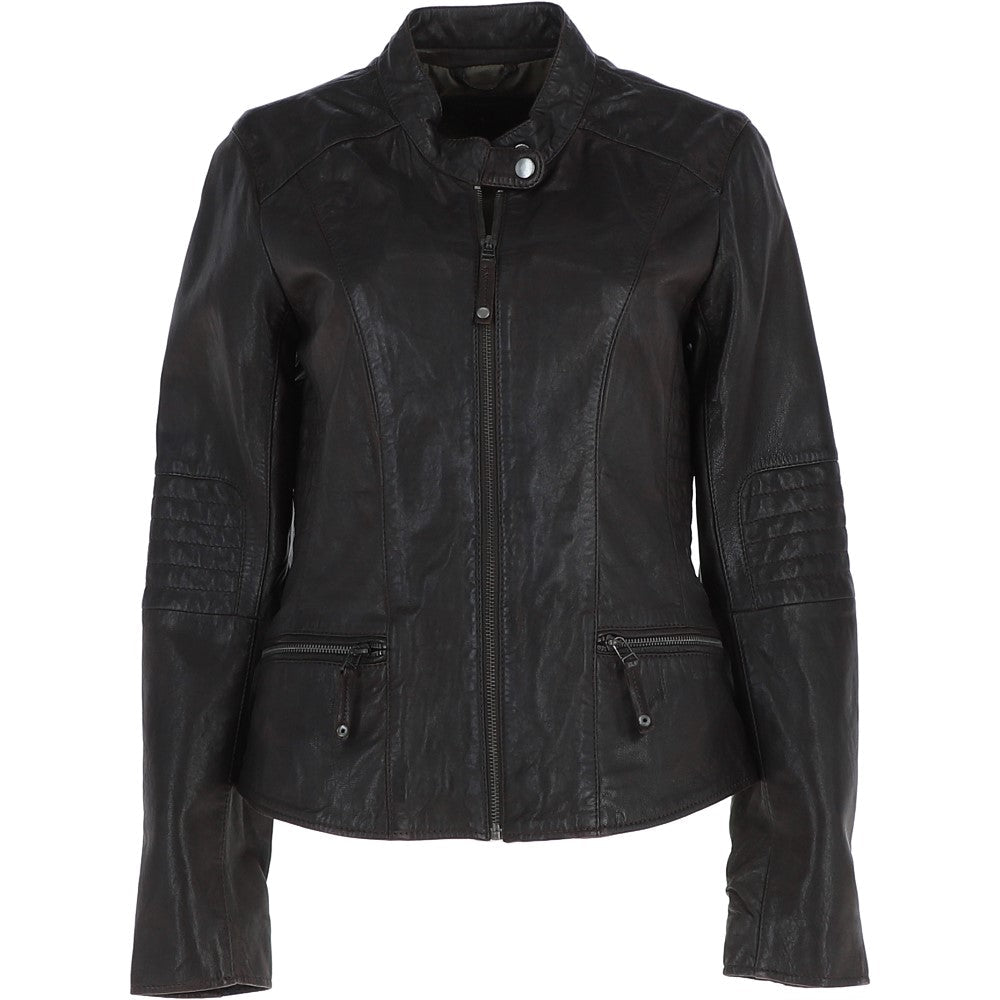 Womens Leather Biker Jacket Dark Brown: Style-F
