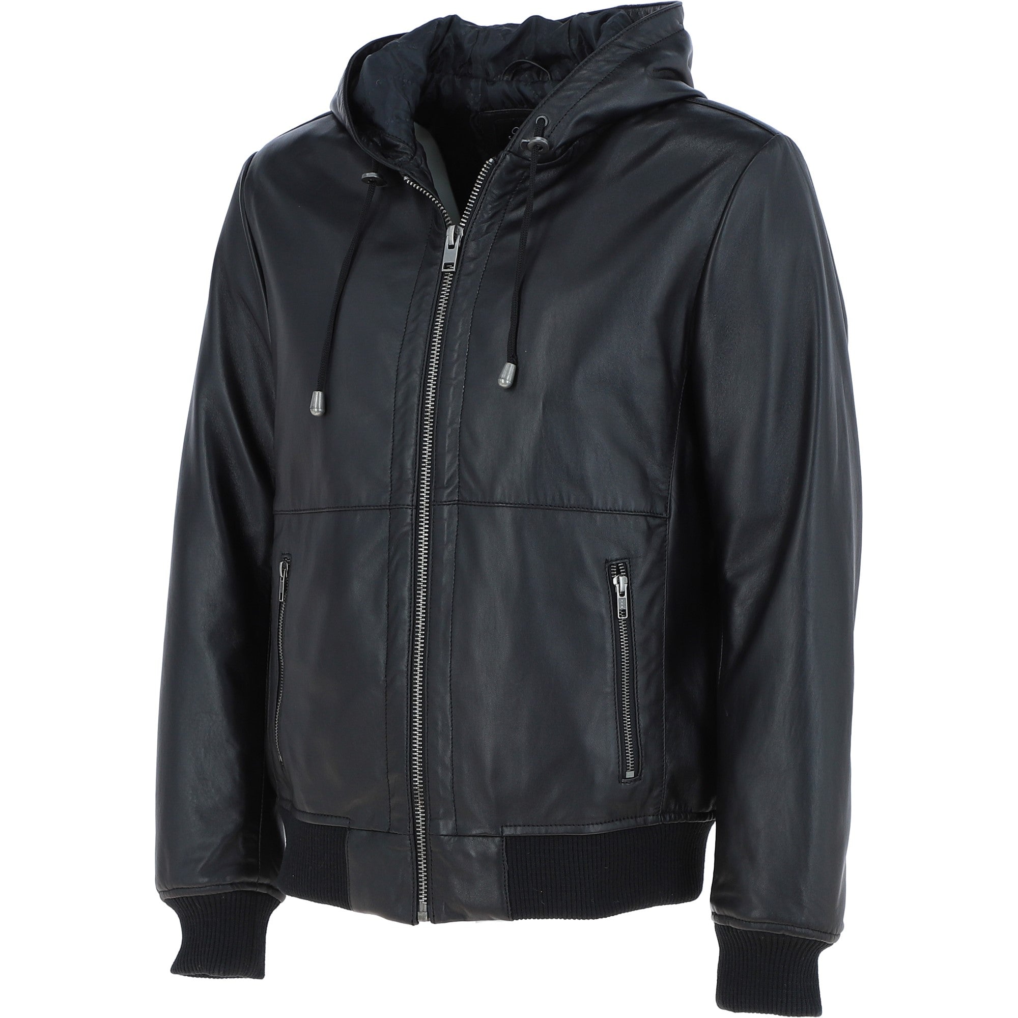Mens Leather Hodded Jacket Black: Super Bomber