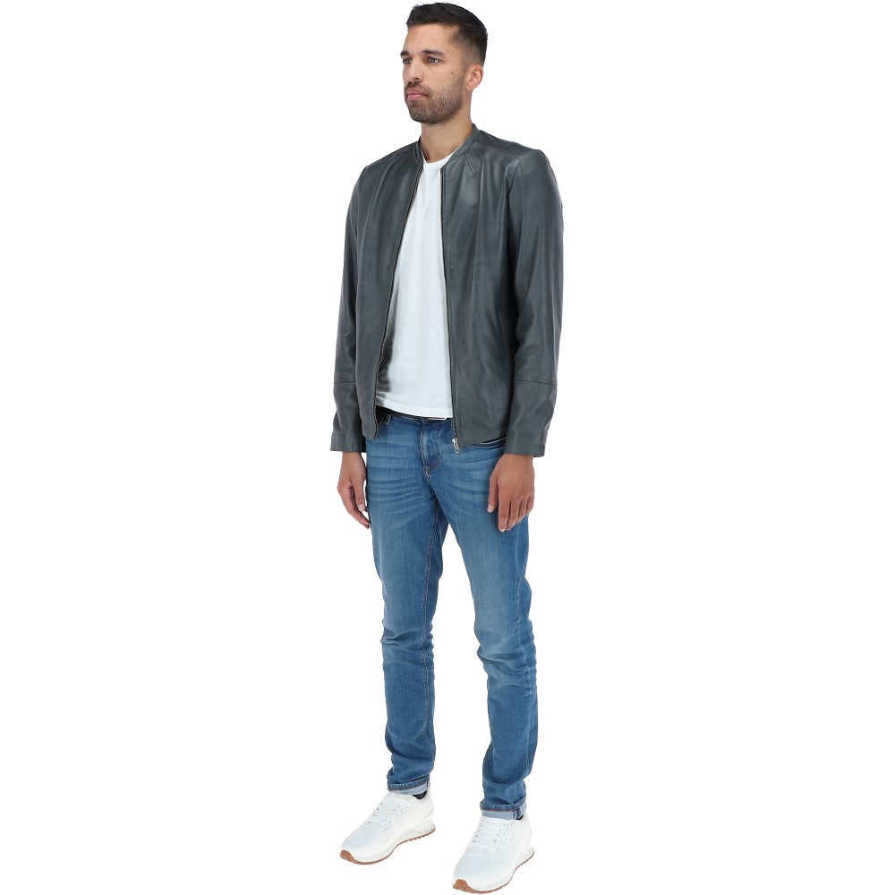 Mens Leather Biker Jacket Grey: BR FONS-1