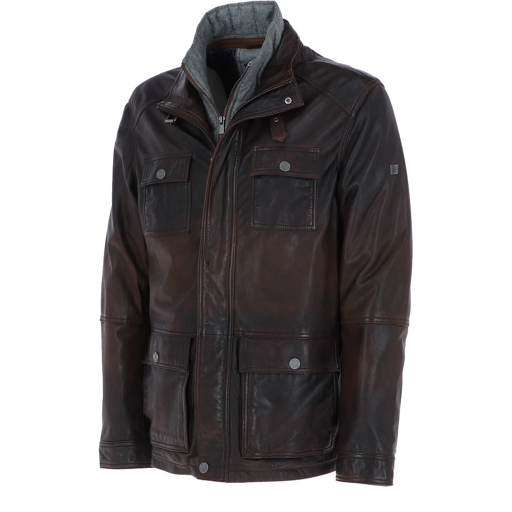Mens Nappa Leather Detachable Double Collar Jacket Red Brn: TRAP-RYAN