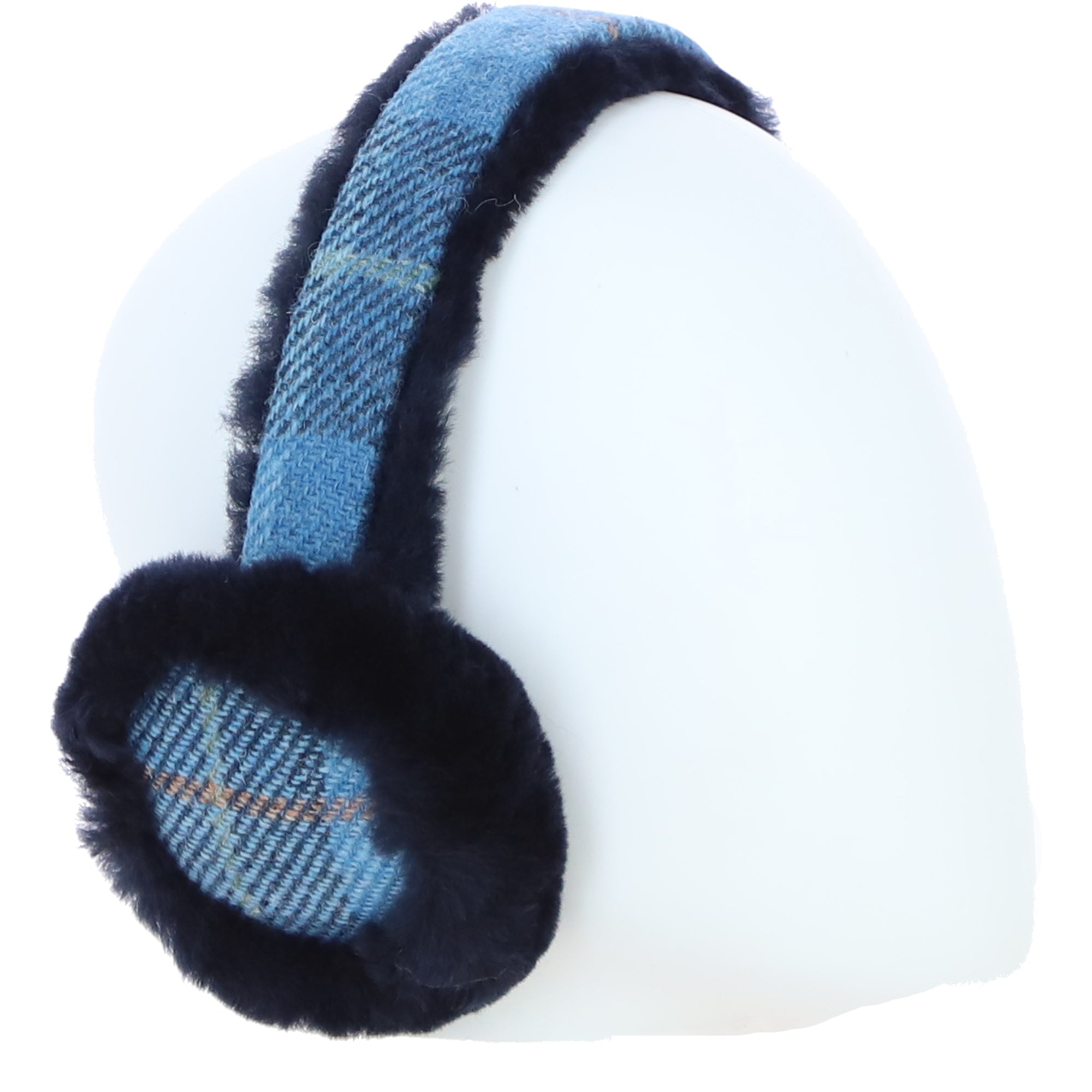 Ashwood X Harris Tweed Sheepskin Fur Earmuffs Tan/LT Blue: TW-90-05-TB