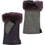 Ashwood Leather X Harris Tweed Ladies Fingerless Fluffy Fur Glittens Brown/Green: TW-97-09-BG