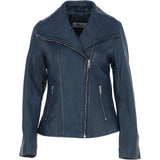 Women's Wide Fashion Collar Side Zip Leather Jacket Navy: Universal