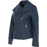 Women's Wide Fashion Collar Side Zip Leather Jacket Navy: Universal