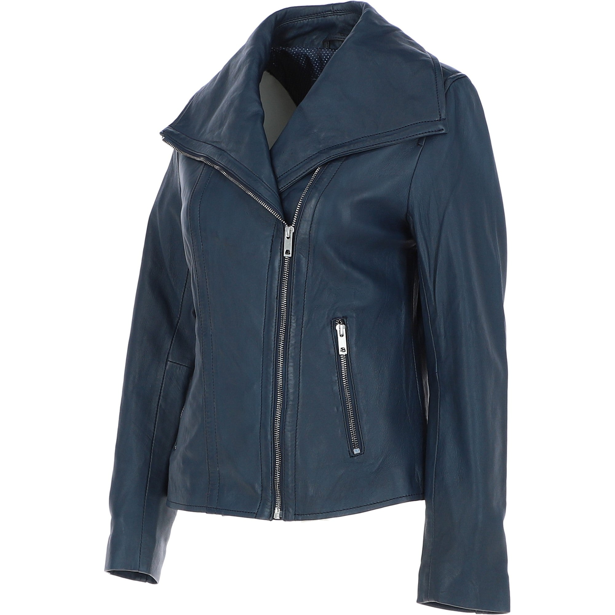 Women's Wide Fashion Collar Side Zip Leather Jacket Navy: Universal