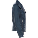 Women's Wide Fashion Collar Side Zip Leather Jacket Navy: Universal