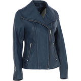 Women's Wide Fashion Collar Side Zip Leather Jacket Navy: Universal