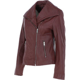 Women's Wide Fashion Collar Side Zip Leather Jacket Oxblood: Universal
