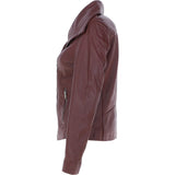 Women's Wide Fashion Collar Side Zip Leather Jacket Oxblood: Universal