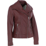 Women's Wide Fashion Collar Side Zip Leather Jacket Oxblood: Universal