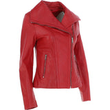 Women's Wide Fashion Collar Side Zip Leather Jacket Red: Universal