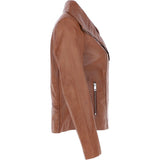 Women's Wide Fashion Collar Side Zip Leather Jacket Tan: Universal