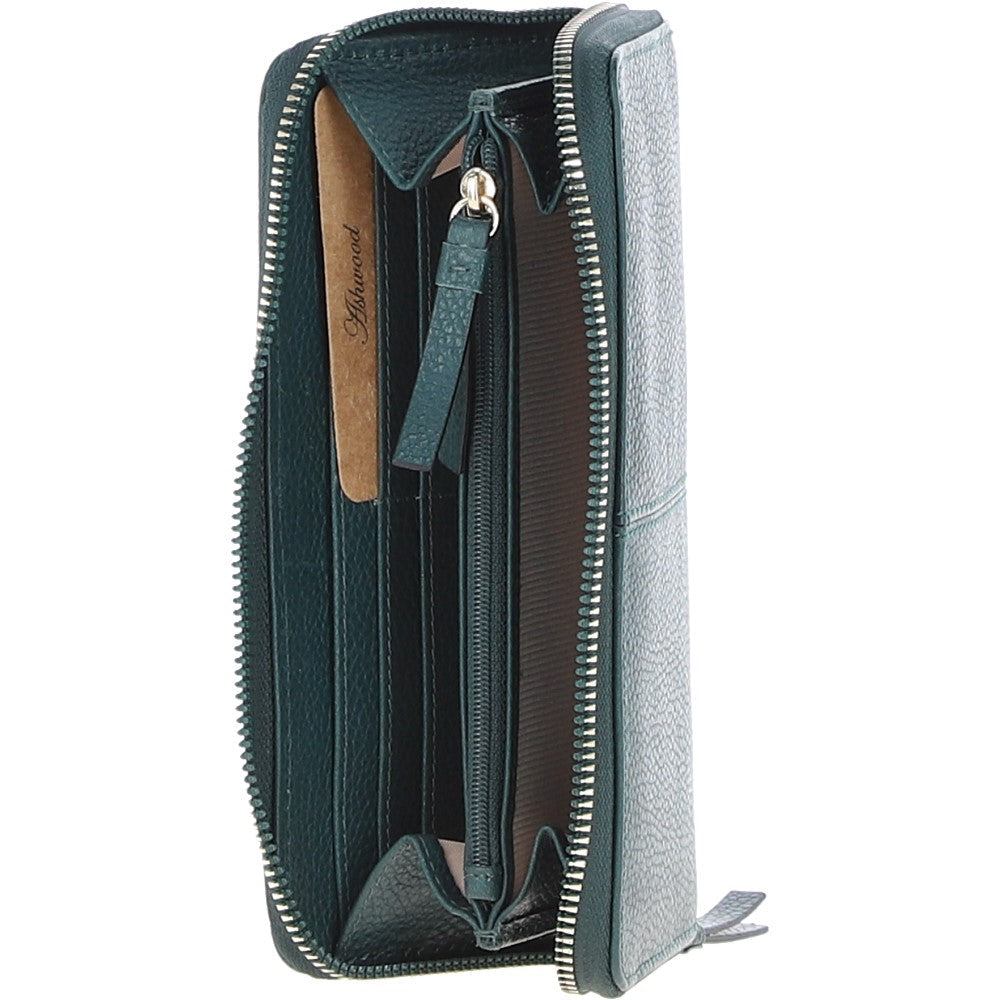 8 Card Zip Around RFID Protected Large Leather Purse Green: Z-70
